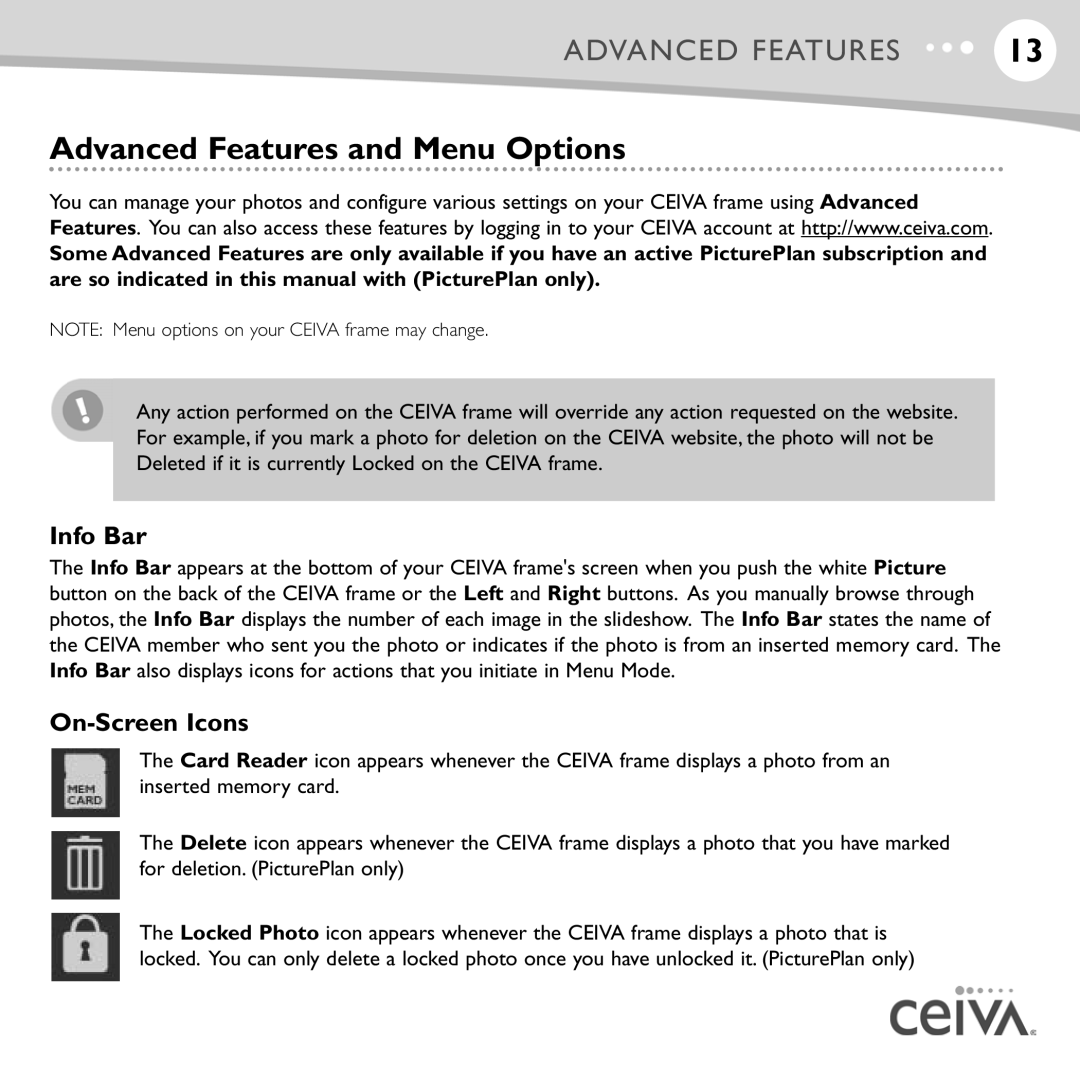 Ceiva ceiva digital photo frame, LF4008, LF4007 manual Advanced Features and Menu Options, Info Bar, On-Screen Icons 