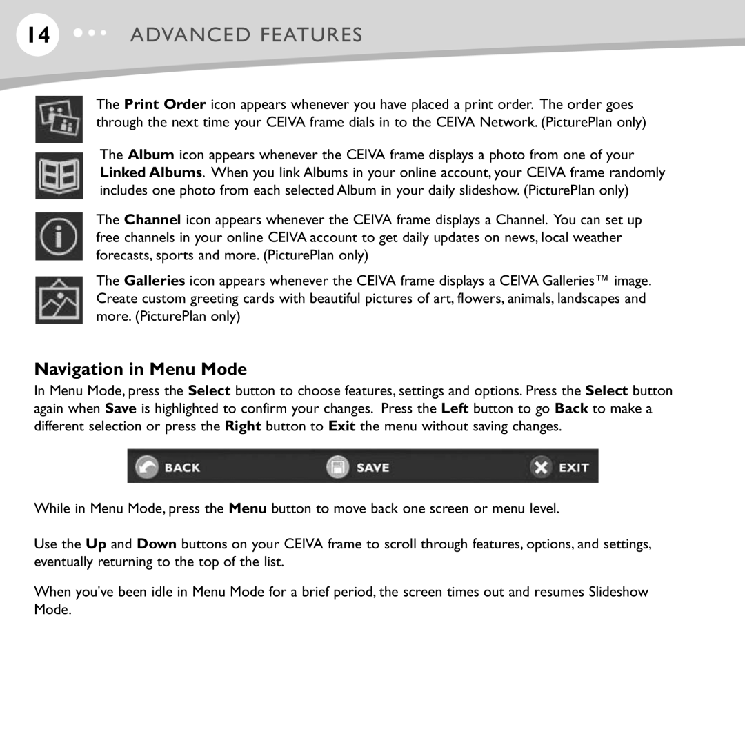 Ceiva LF4008, LF4007, ceiva digital photo frame manual Navigation in Menu Mode 