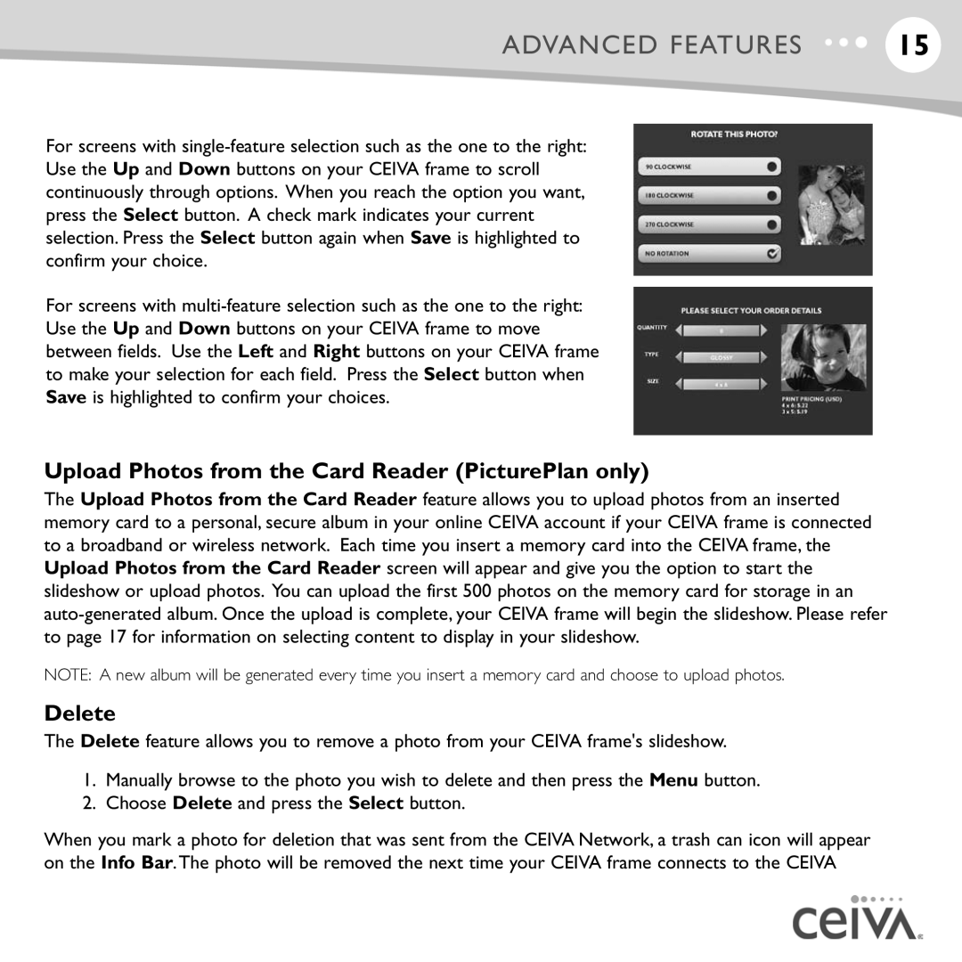 Ceiva LF4007, LF4008, ceiva digital photo frame manual Upload Photos from the Card Reader PicturePlan only, Delete 