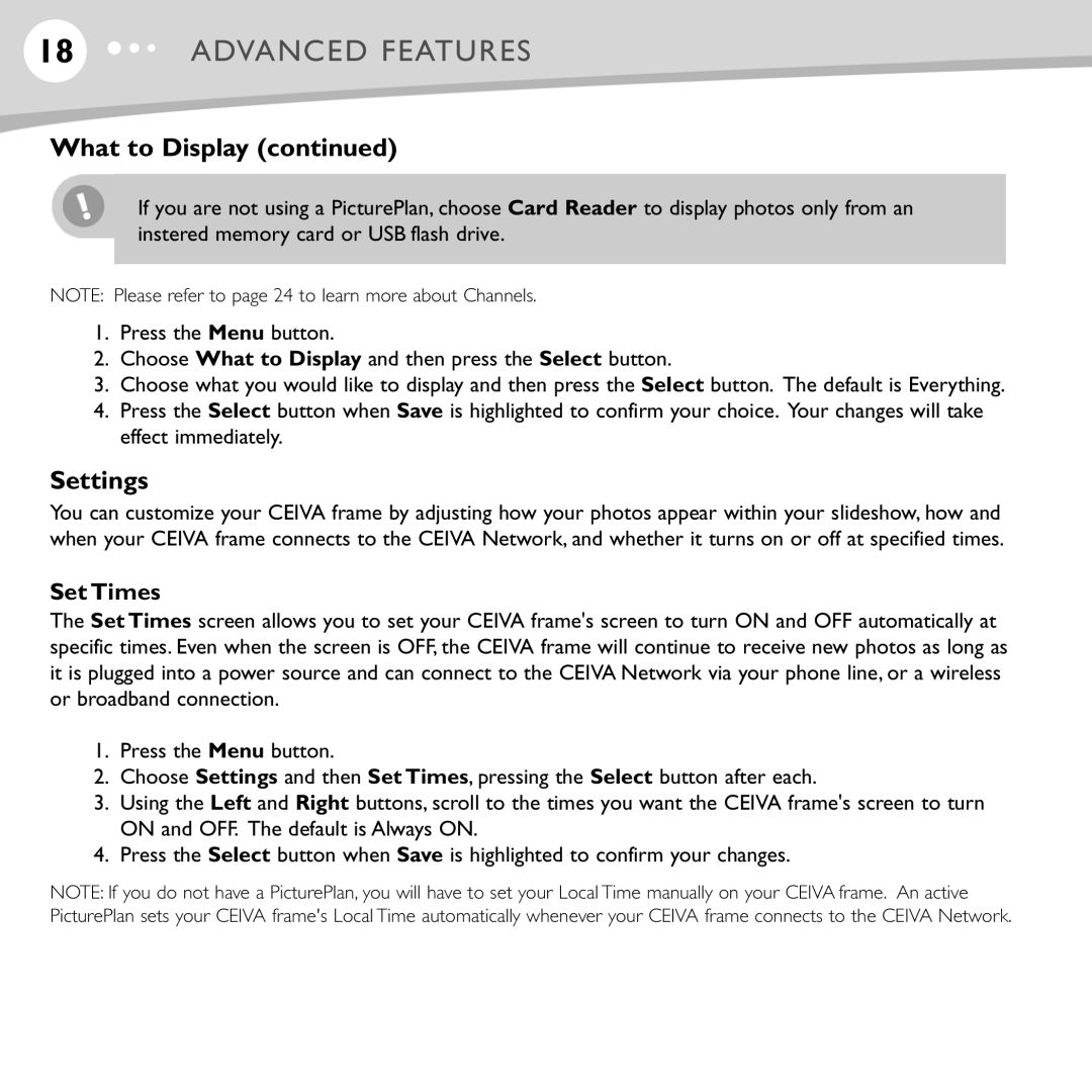 Ceiva LF4007, LF4008, ceiva digital photo frame manual What to Display, Settings, Set Times 