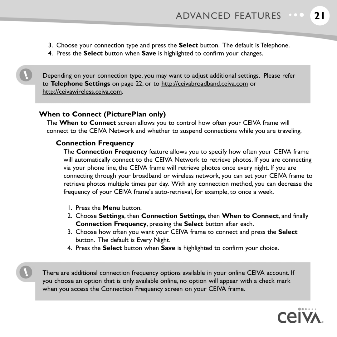 Ceiva LF4007, LF4008, ceiva digital photo frame manual When to Connect PicturePlan only, Connection Frequency 