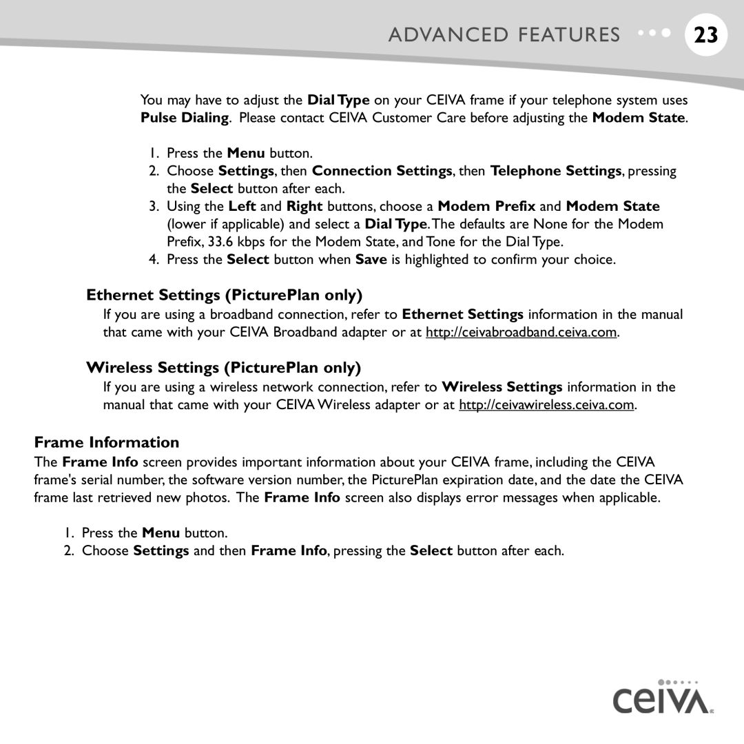 Ceiva LF4008, LF4007 manual Ethernet Settings PicturePlan only, Wireless Settings PicturePlan only, Frame Information 