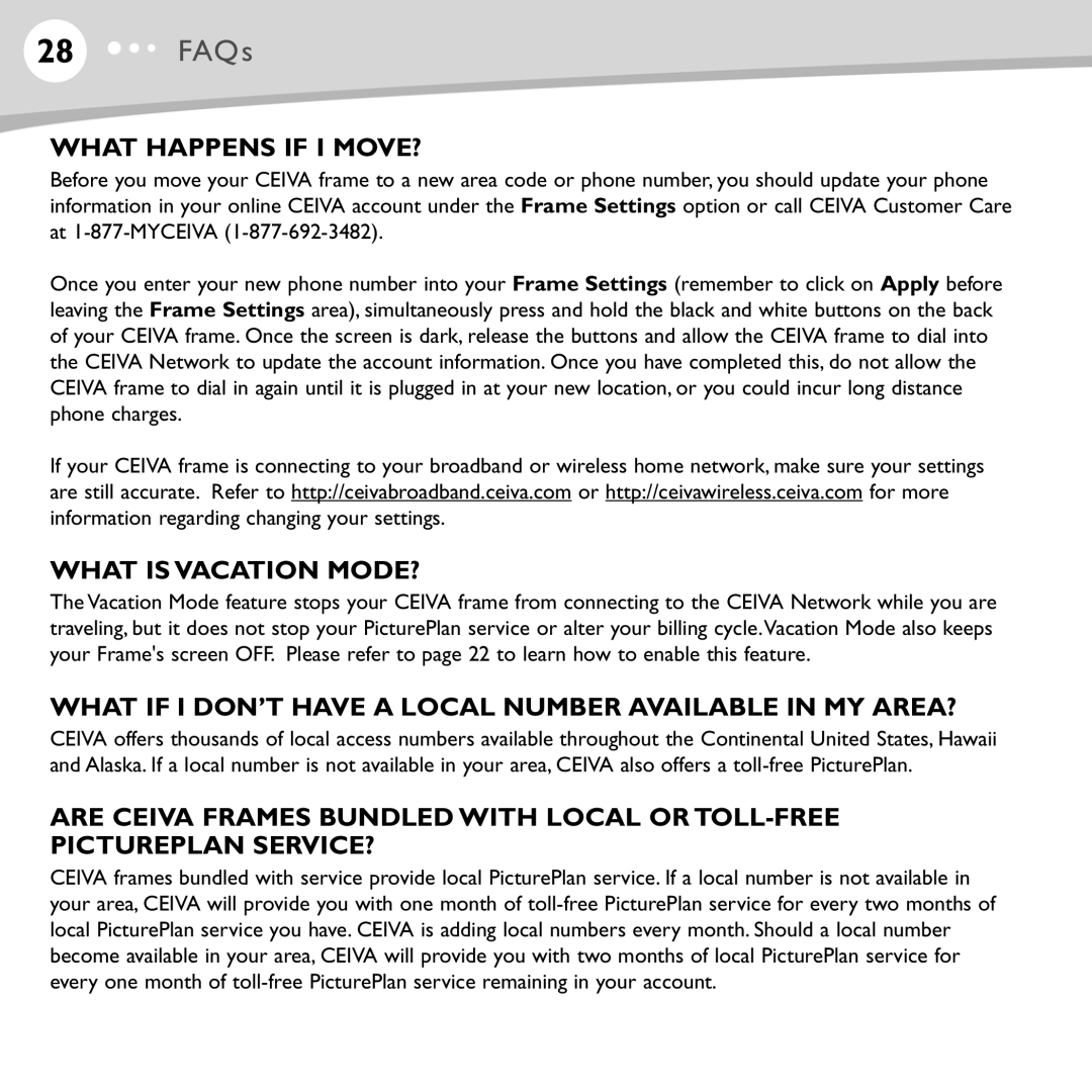 Ceiva ceiva digital photo frame, LF4008, LF4007 manual What Happens if I MOVE?, What is Vacation MODE? 