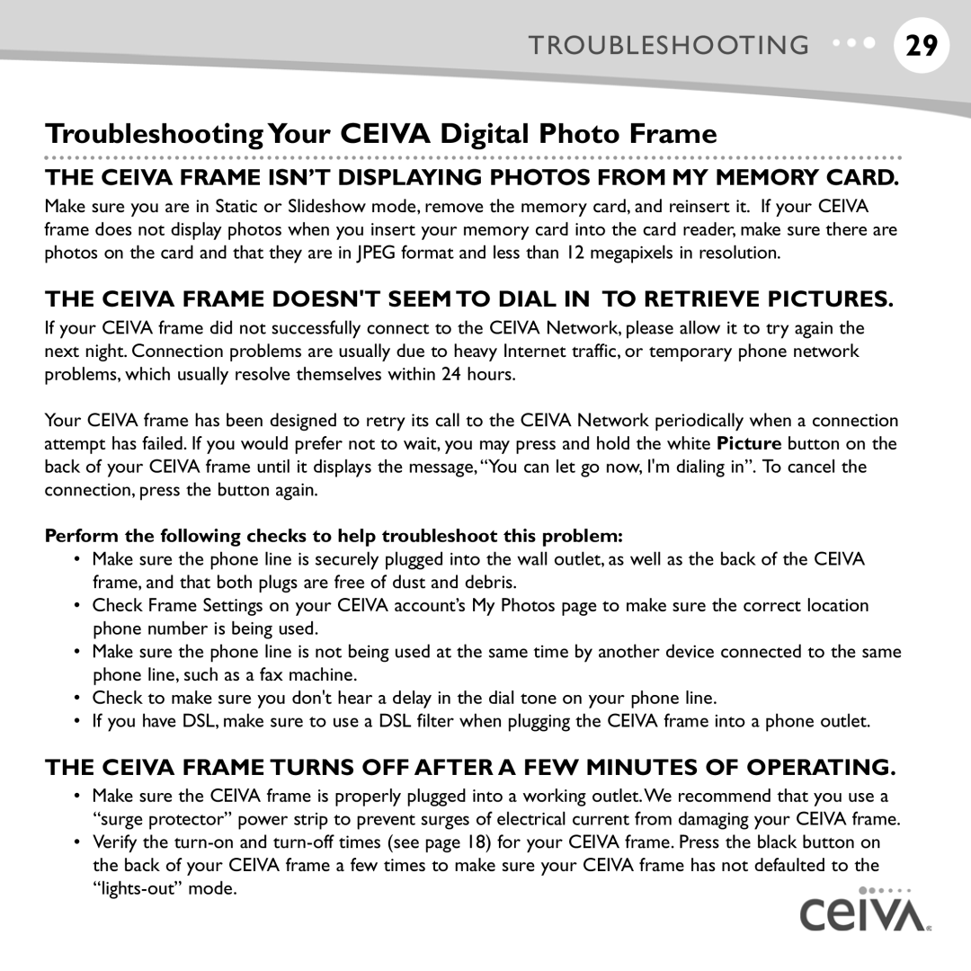 Ceiva LF4008 manual Troubleshooting Your Ceiva Digital Photo Frame, Ceiva Frame ISN’T Displaying Photos from MY Memory Card 