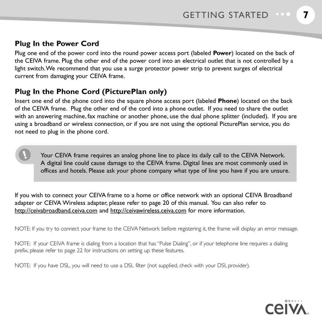 Ceiva ceiva digital photo frame, LF4008, LF4007 manual Plug In the Power Cord, Plug In the Phone Cord PicturePlan only 