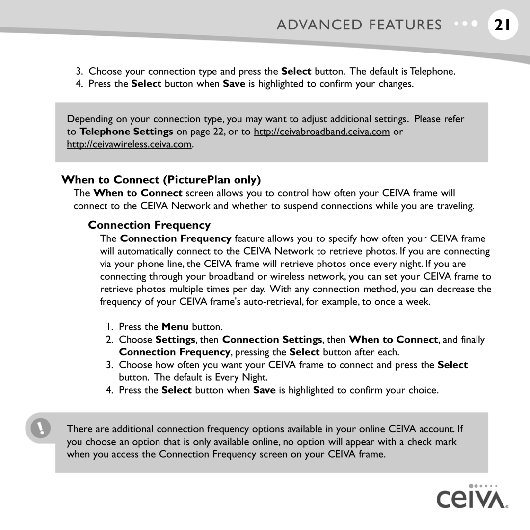 Ceiva LF4007, LF4008 manual When to Connect PicturePlan only, Connection Frequency 