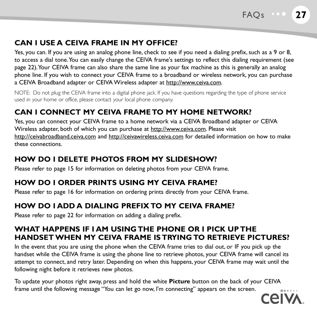 Ceiva LF4007, LF4008 manual HOW do I Order Prints Using MY Ceiva FRAME?, HOW do I ADD a Dialing Prefix to MY Ceiva FRAME? 