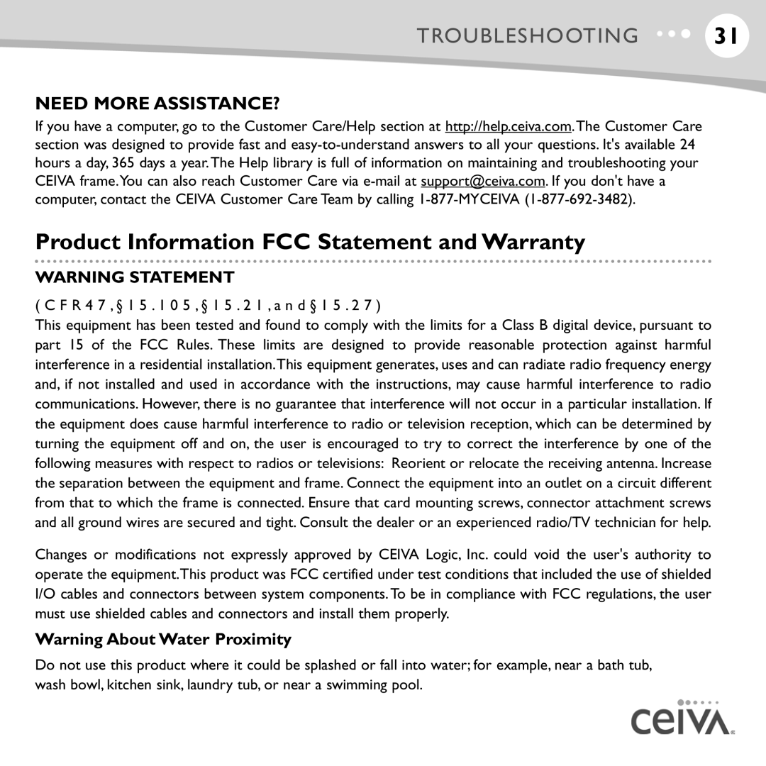 Ceiva LF4007, LF4008 manual Product Information FCC Statement and Warranty, Need More ASSISTANCE? 