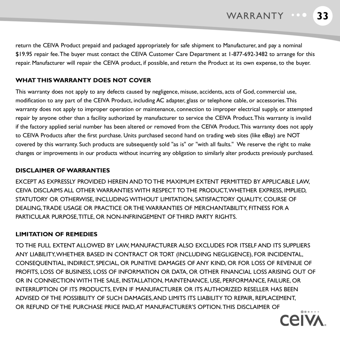 Ceiva LF4007, LF4008 manual What this Warranty does not Cover 