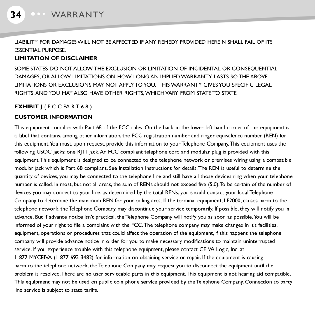 Ceiva LF4008, LF4007 manual Limitation of Disclaimer 