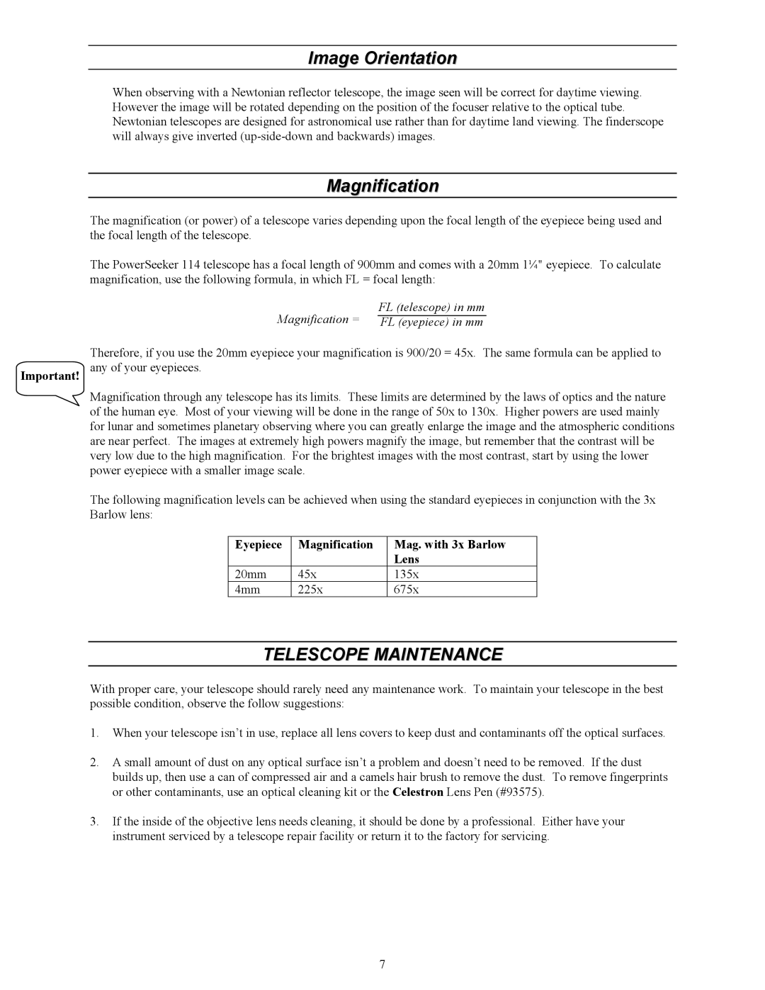 Celestron 114 manual Image Orientation, Magnification 
