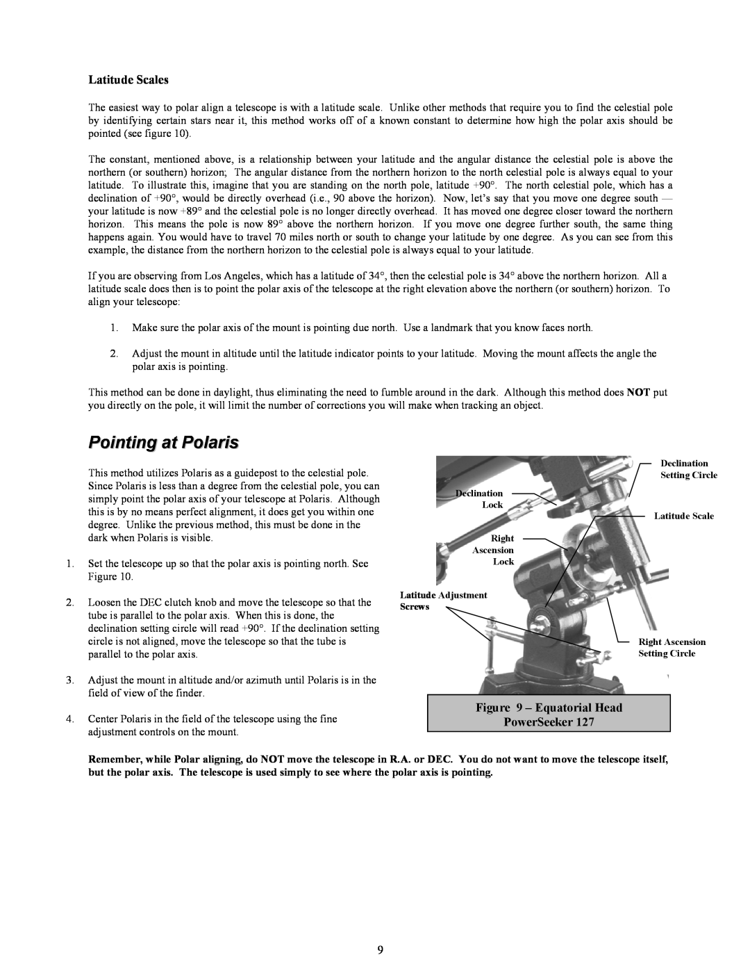 Celestron 127 manual Pointing at Polaris, Latitude Scales, Equatorial Head PowerSeeker 