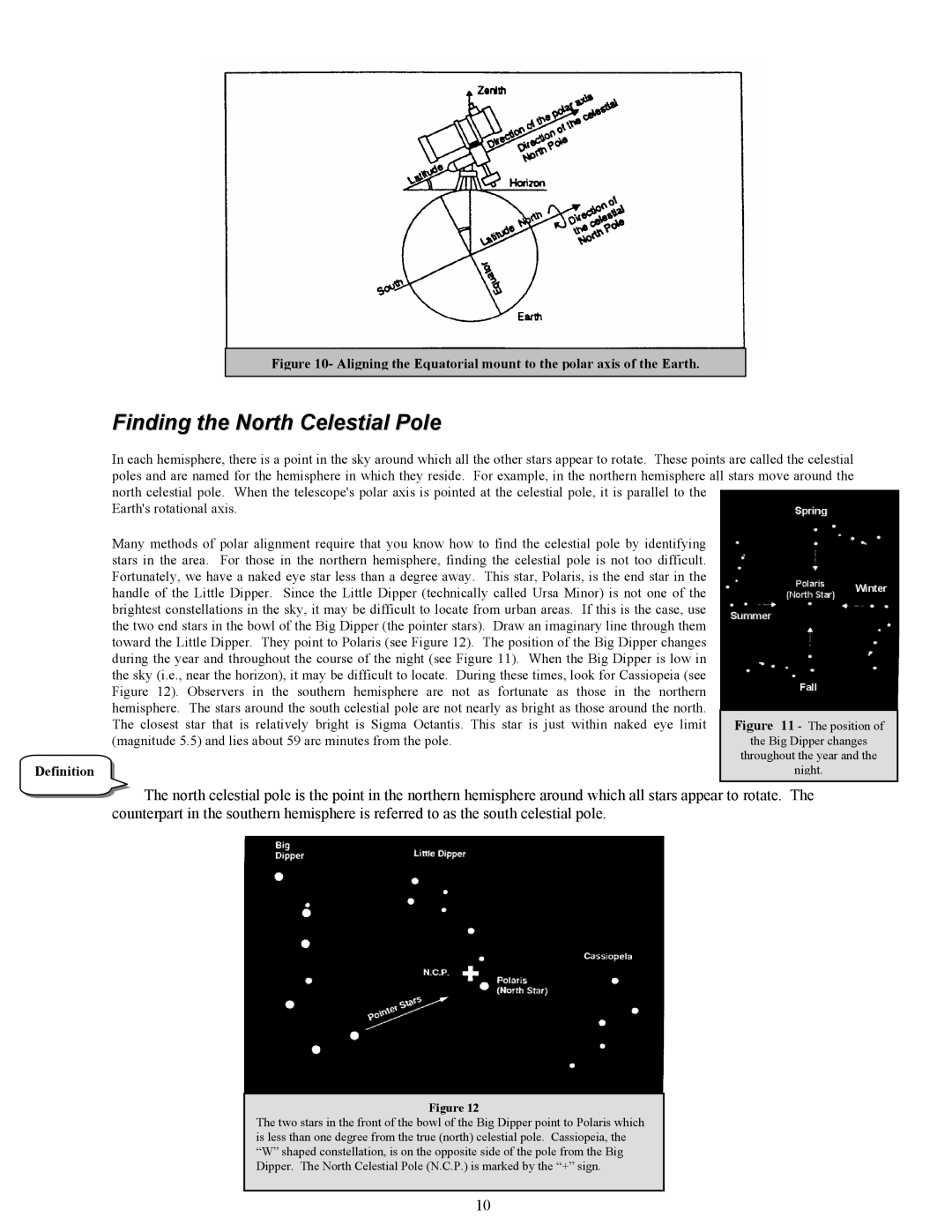 Celestron 127 manual Finding the North Celestial Pole, Aligning the Equatorial mount to the polar axis of the Earth 