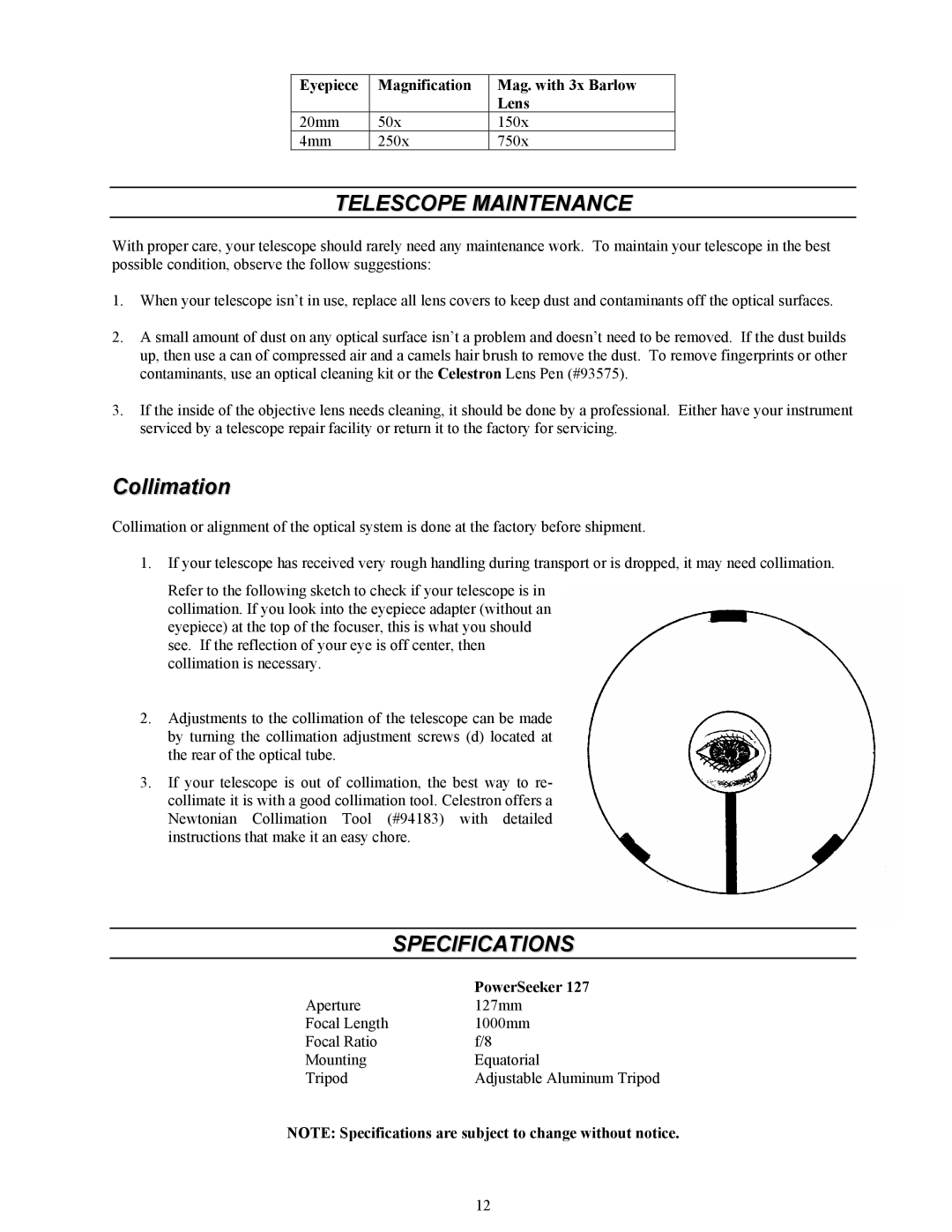 Celestron 127 manual Collimation, Eyepiece Magnification Mag. with 3x Barlow Lens 