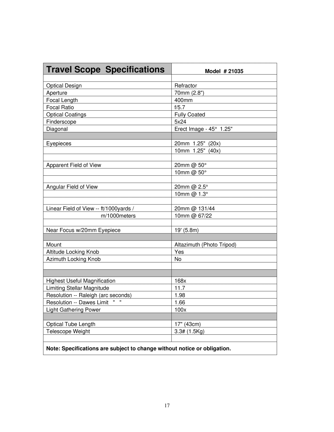 Celestron 21035 manual Travel Scope Specifications 