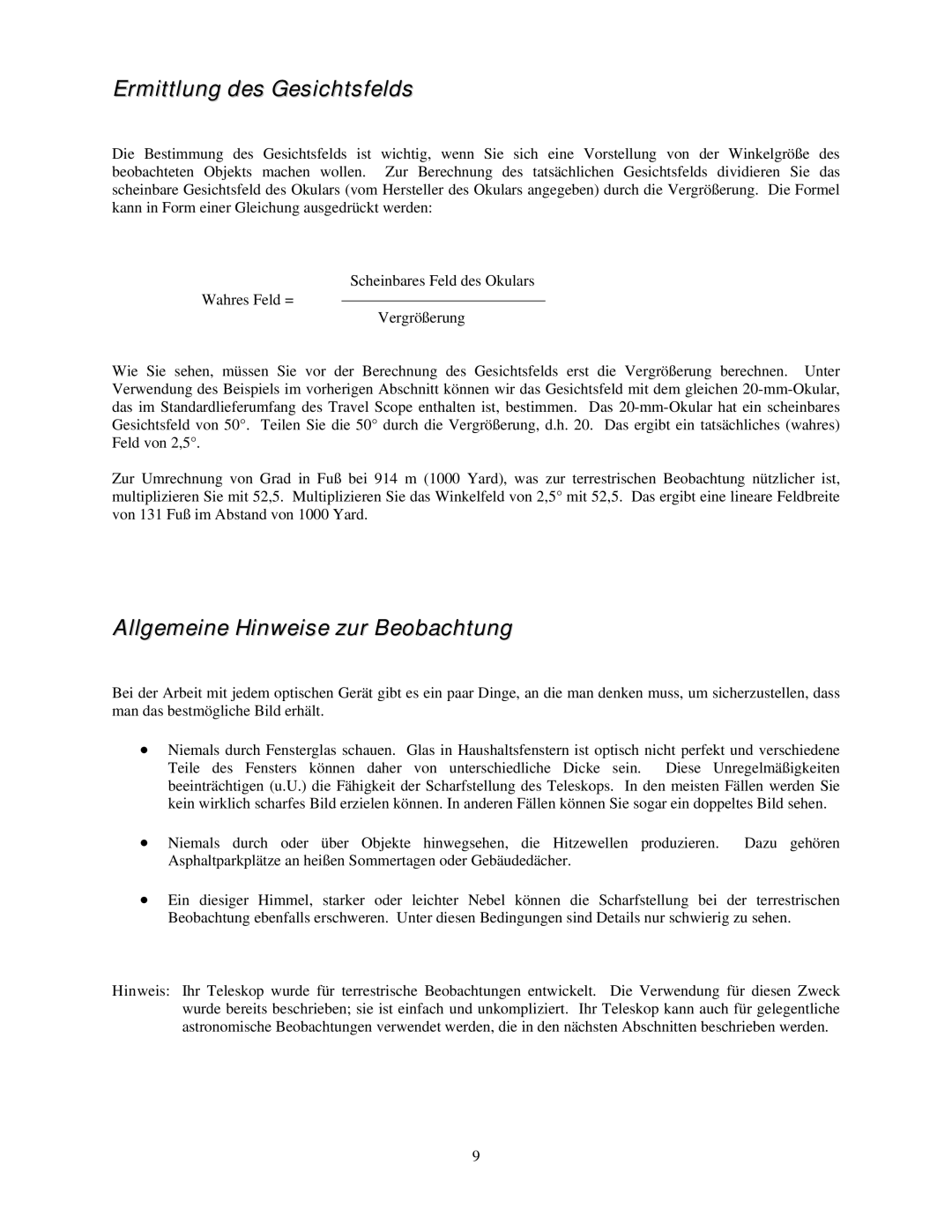 Celestron 21035 manual Ermittlung des Gesichtsfelds, Allgemeine Hinweise zur Beobachtung 