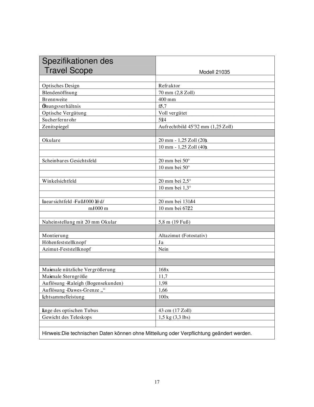 Celestron 21035 manual Spezifikationen des Travel Scope 