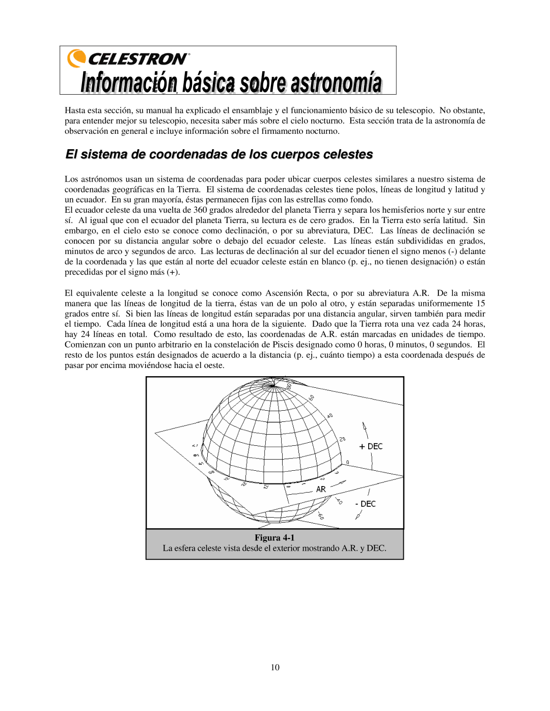 Celestron 21035 manual El sistema de coordenadas de los cuerpos celestes, Figura 