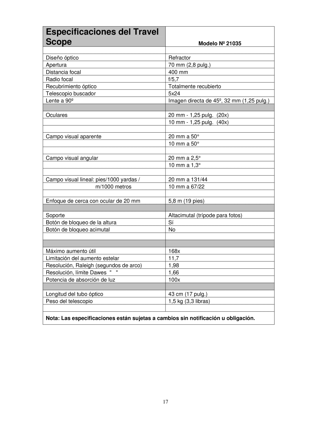 Celestron 21035 manual Especificaciones del Travel Scope 