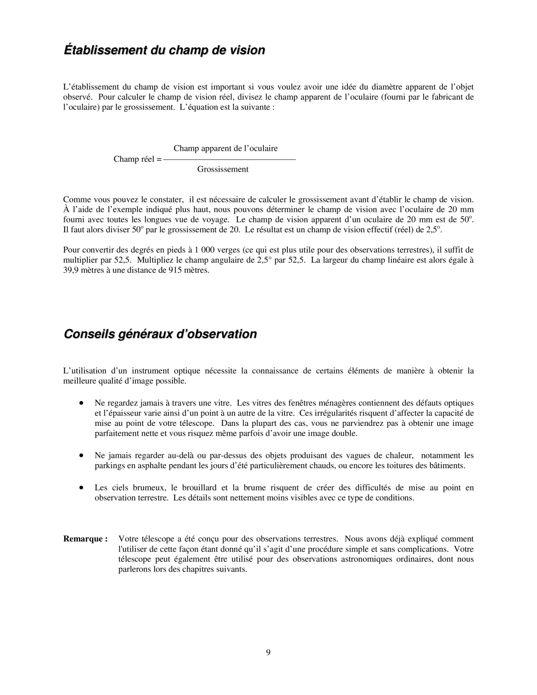 Celestron 21035 manual Établissement du champ de vision, Conseils généraux d’observation 