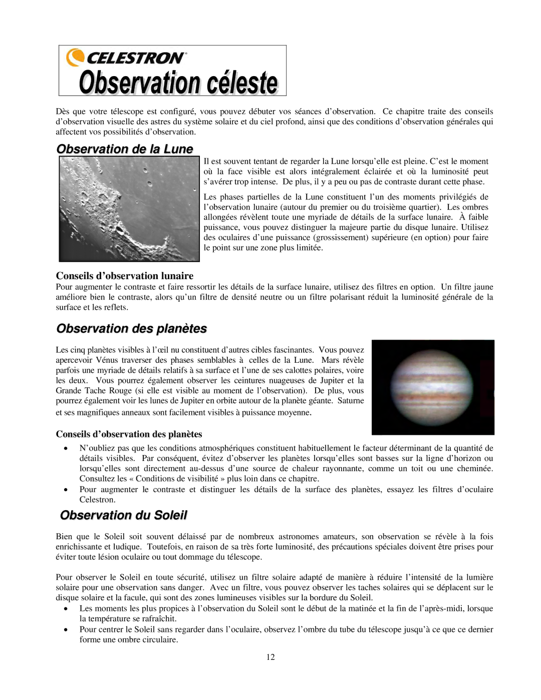 Celestron 21035 manual Observation de la Lune, Observation des planètes, Observation du Soleil 