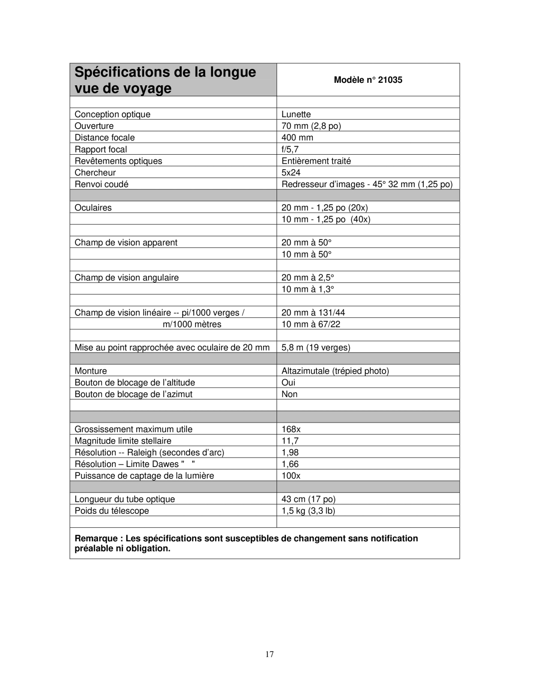 Celestron 21035 manual Spécifications de la longue 