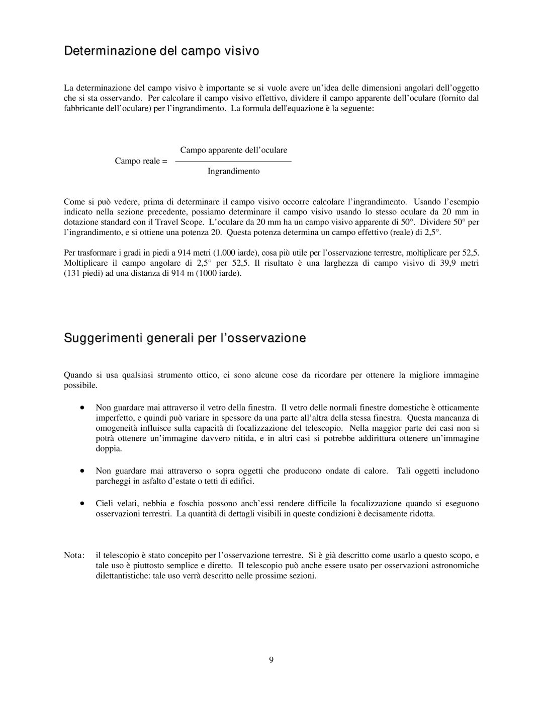 Celestron 21035 manual Determinazione del campo visivo, Suggerimenti generali per l’osservazione 
