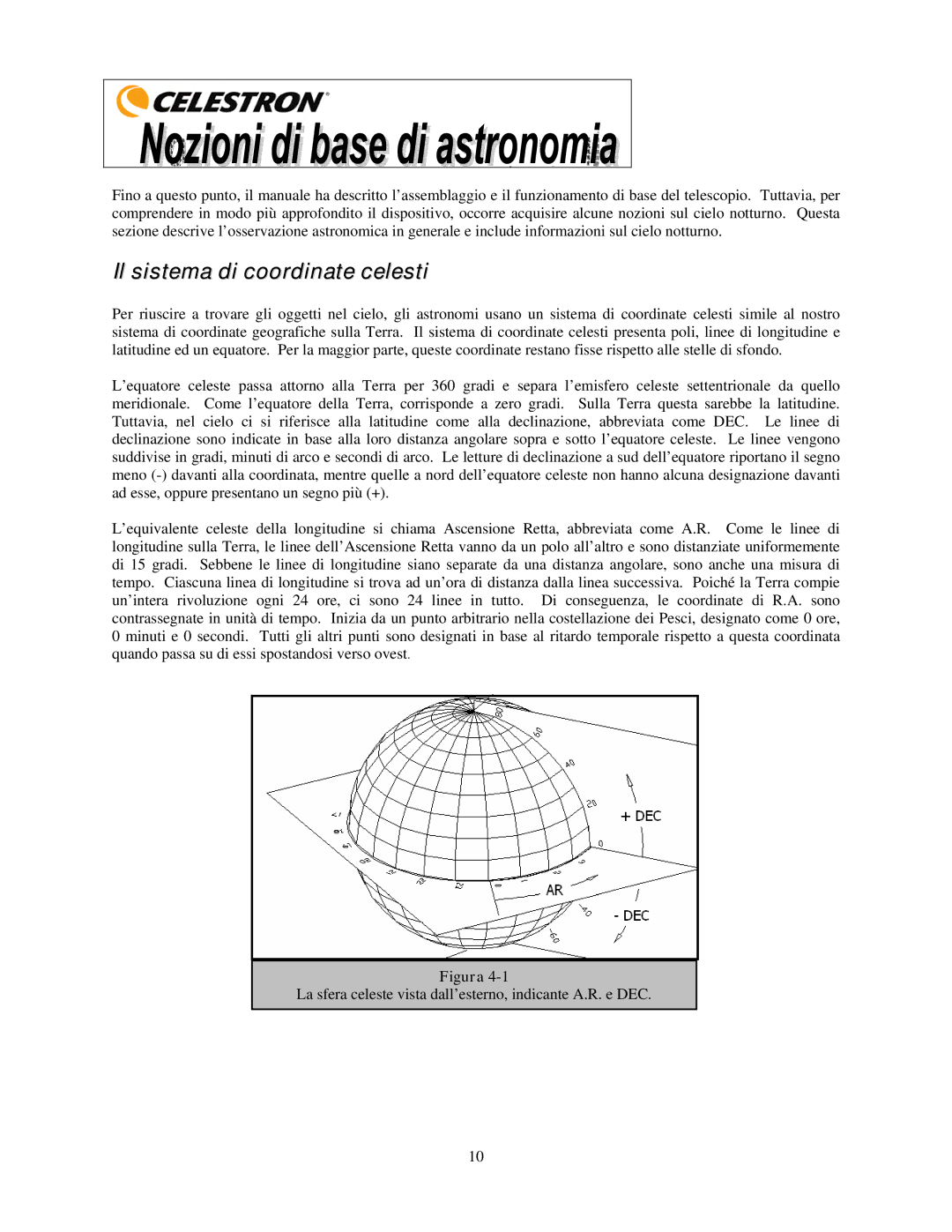 Celestron 21035 manual Il sistema di coordinate celesti, Figura 