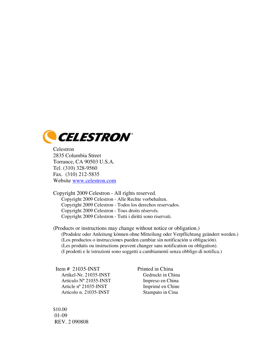 Celestron 21035 manual 01-09 REV 