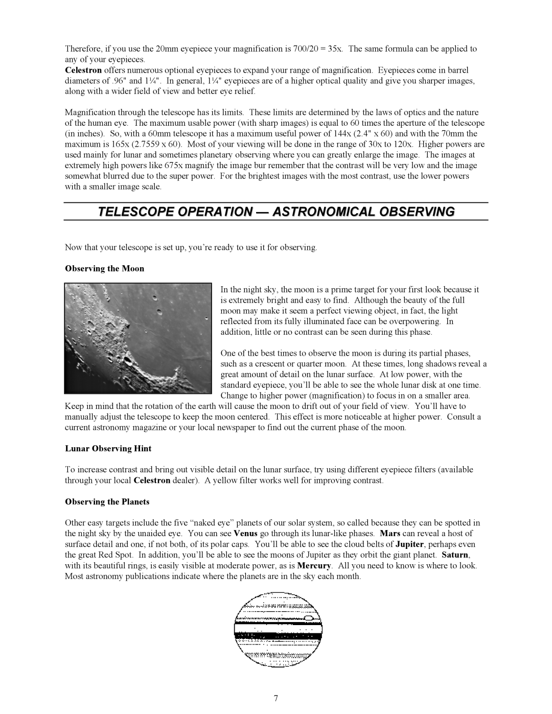 Celestron 21052, 21071 manual Telescope Operation Astronomical Observing, Observing the Moon, Lunar Observing Hint 