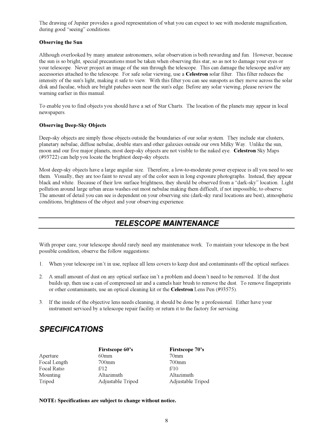 Celestron 21071, 21052 manual Telescope Maintenance, Specifications, Observing the Sun, Observing Deep-Sky Objects 