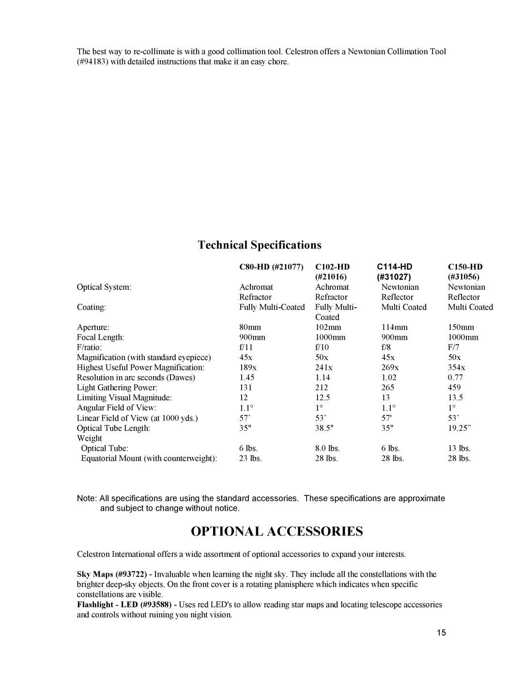 Celestron 1510, 31027 instruction manual C80-HD #21077 C102-HD, C150-HD, #21016, #31056 