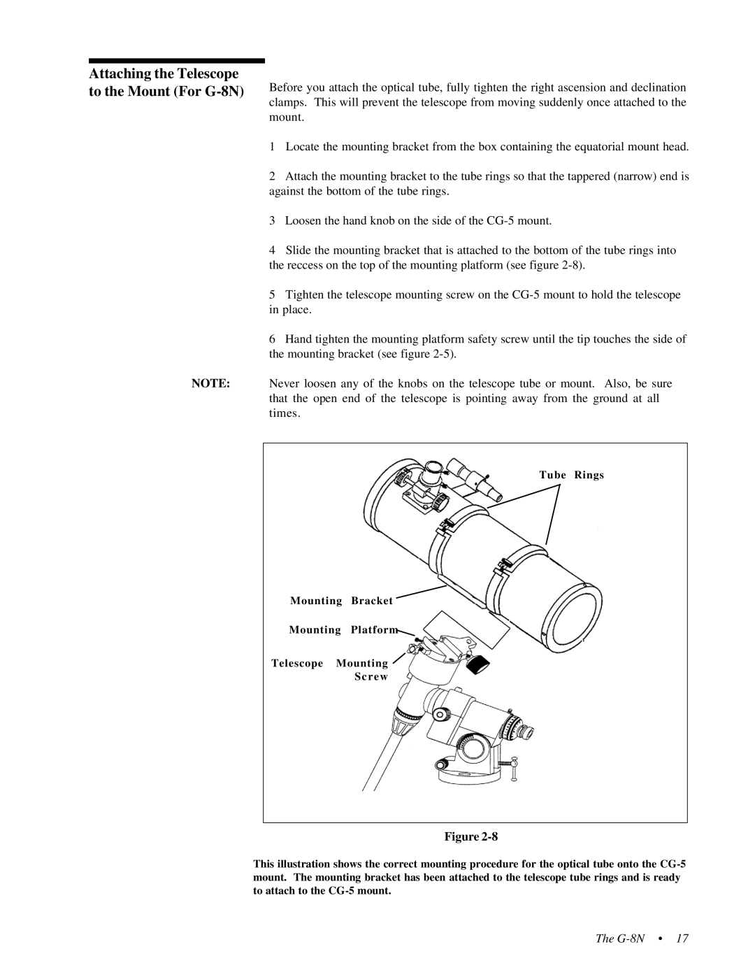 Celestron 31058, 31056 instruction manual Attaching the Telescope to the Mount For G-8N 