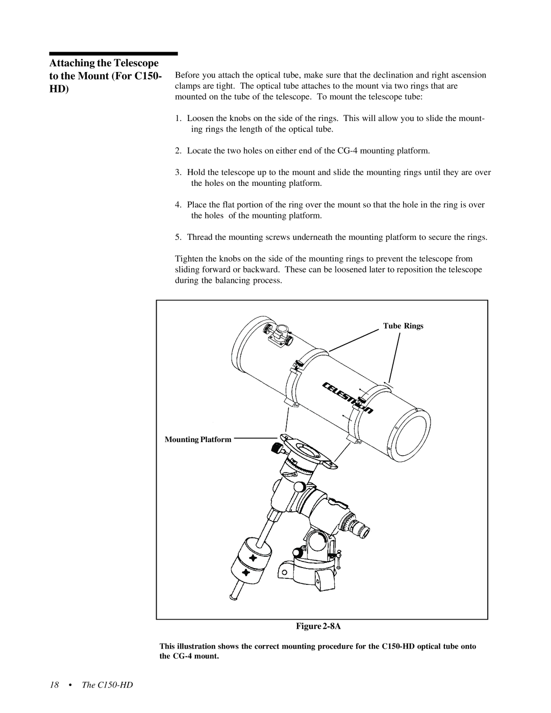 Celestron 31056, 31058 instruction manual Attaching the Telescope to the Mount For C150- HD 