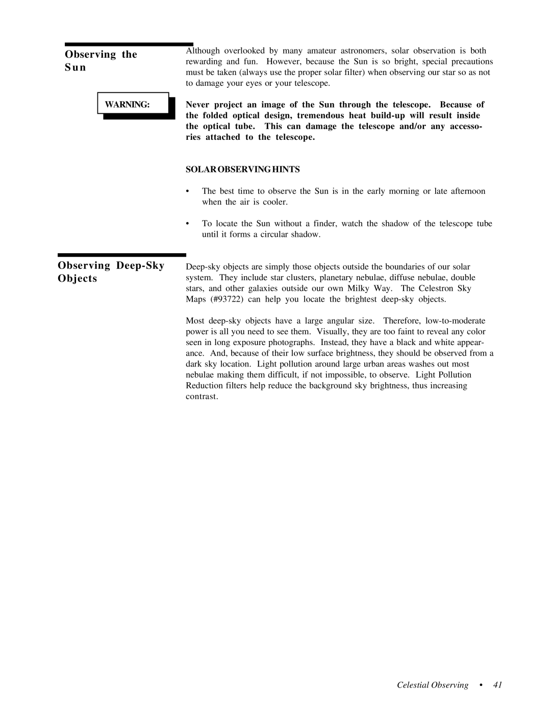 Celestron 31058, 31056 instruction manual Observing the S u n, Observing Deep-Sky Objects 