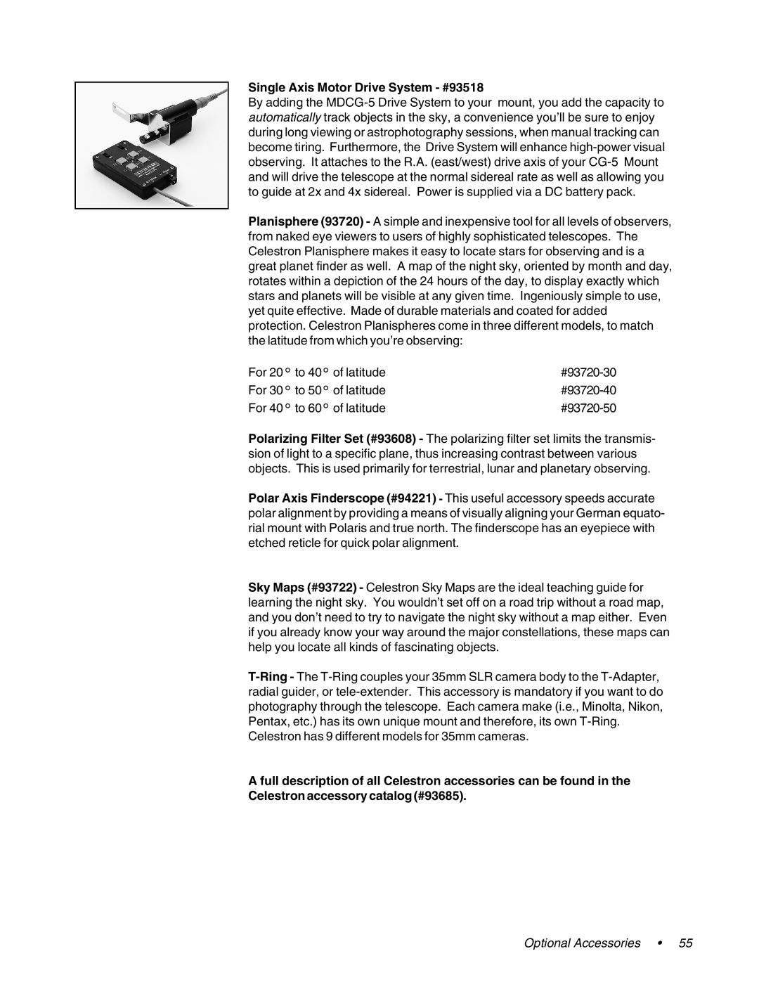 Celestron 31058, 31056 instruction manual Single Axis Motor Drive System #93518 