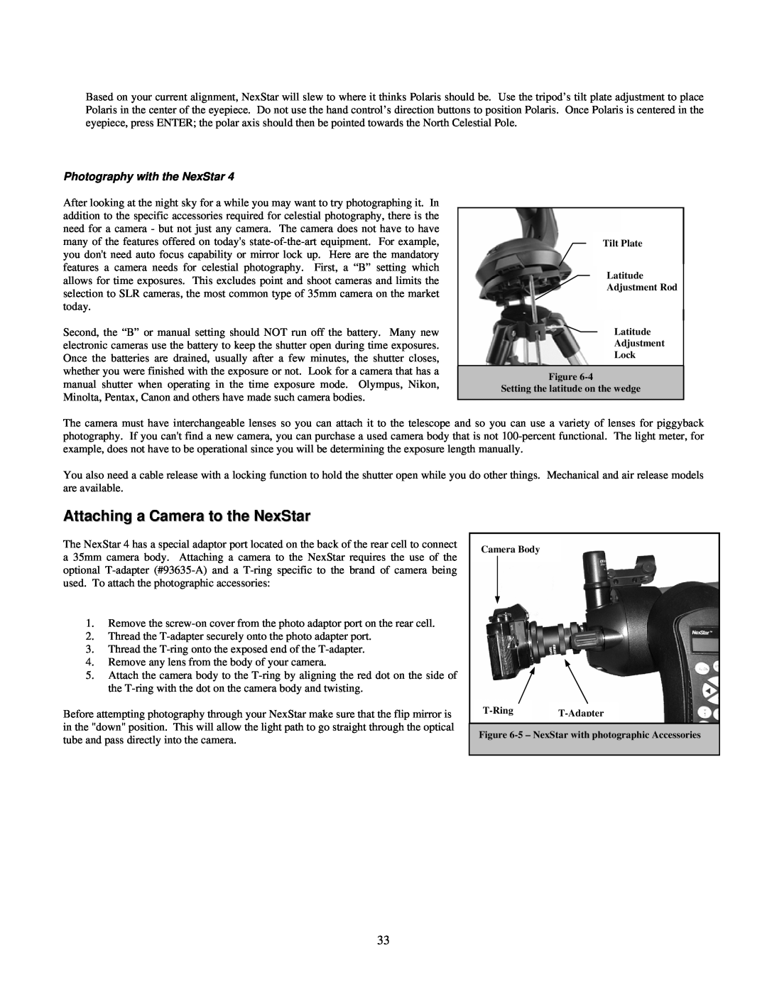 Celestron 4SE instruction manual Attaching a Camera to the NexStar, Photography with the NexStar 