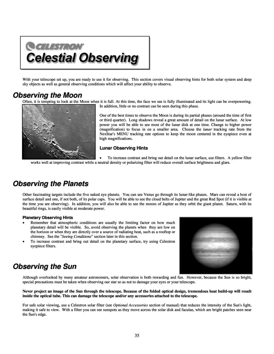 Celestron 4SE instruction manual Observing the Moon, Observing the Planets, Observing the Sun, Lunar Observing Hints 
