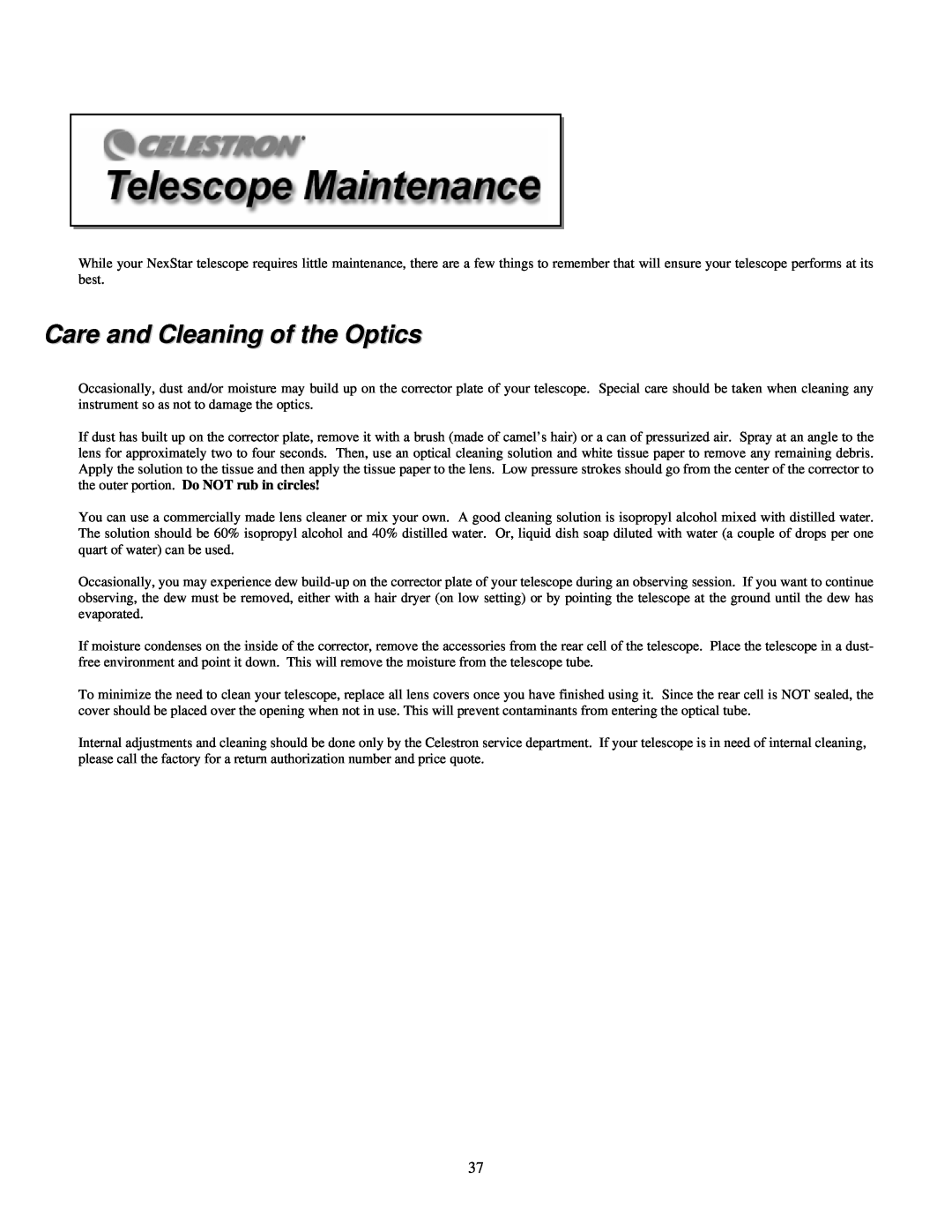 Celestron 4SE instruction manual Care and Cleaning of the Optics 