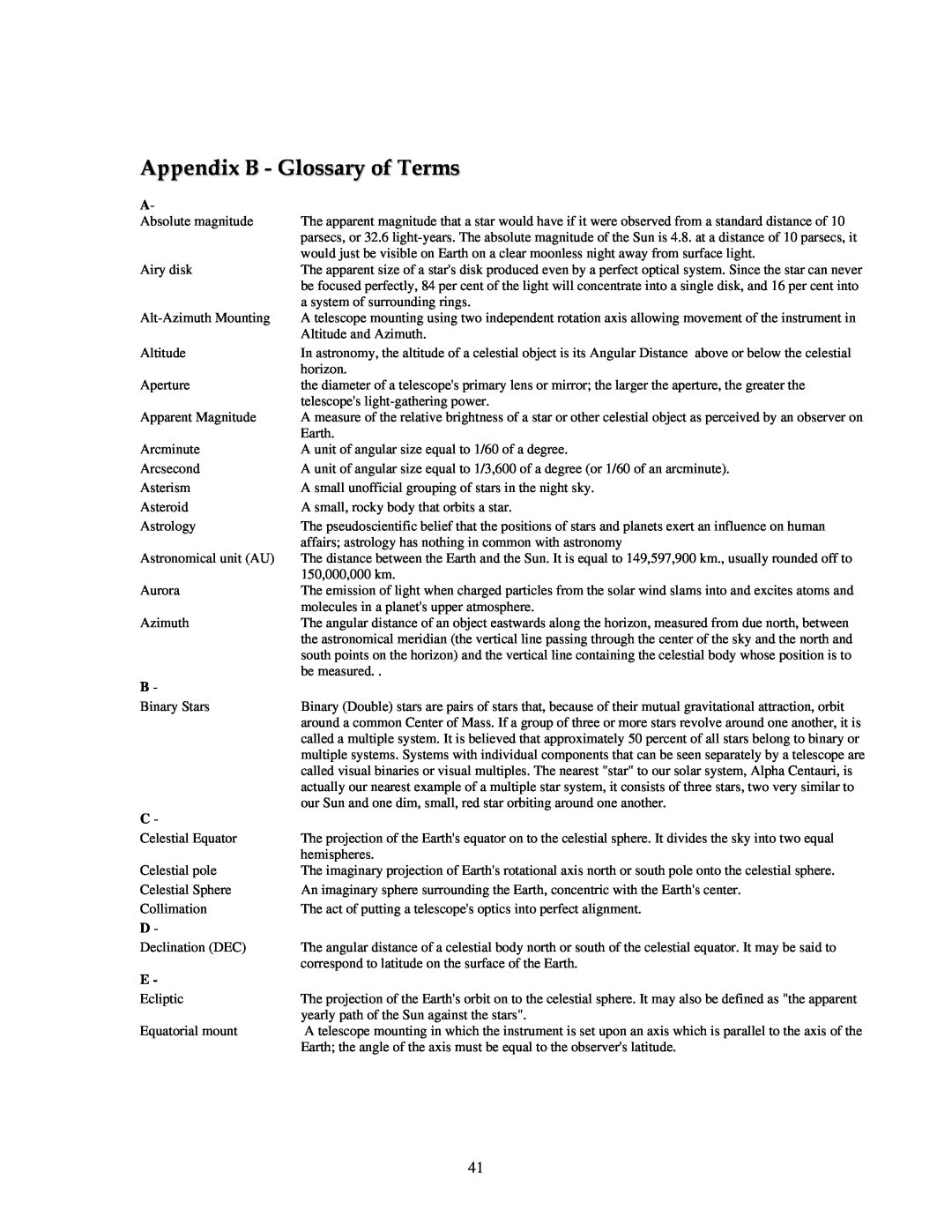 Celestron 4SE instruction manual Appendix B - Glossary of Terms 