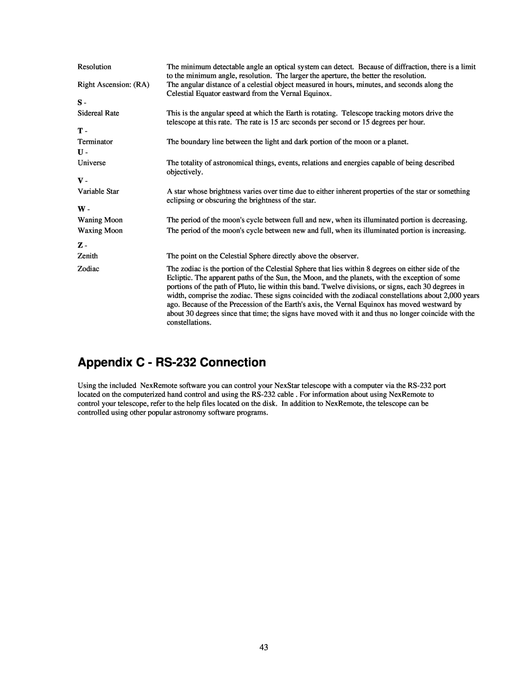 Celestron 4SE instruction manual Appendix C - RS-232 Connection 