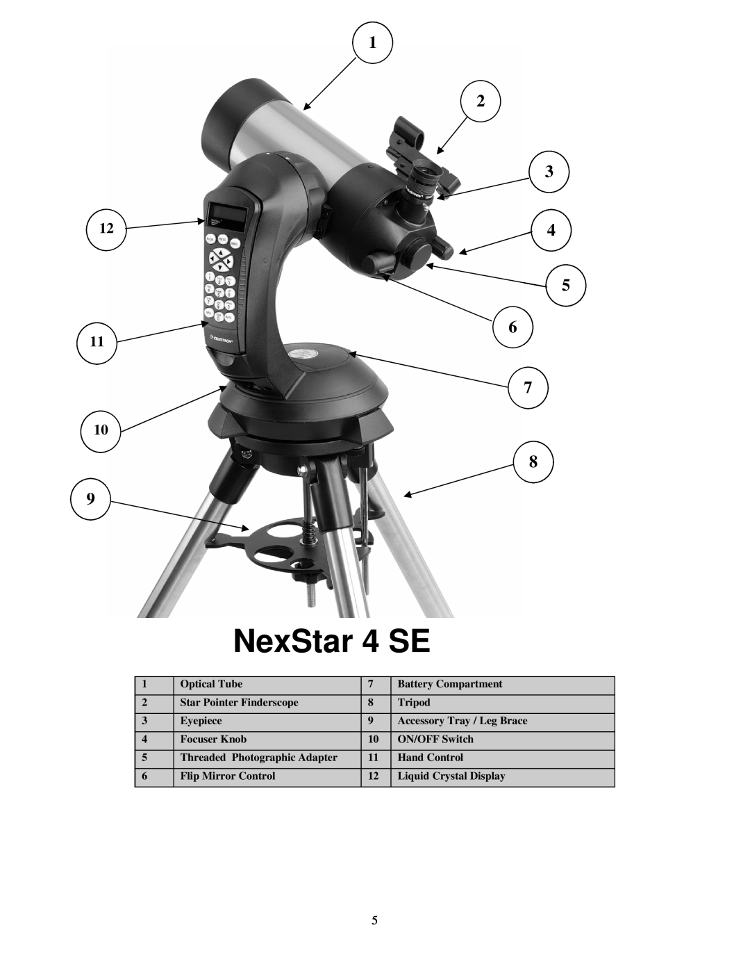Celestron 4SE NexStar 4 SE, Optical Tube, Battery Compartment, Star Pointer Finderscope, Tripod, Eyepiece, Focuser Knob 