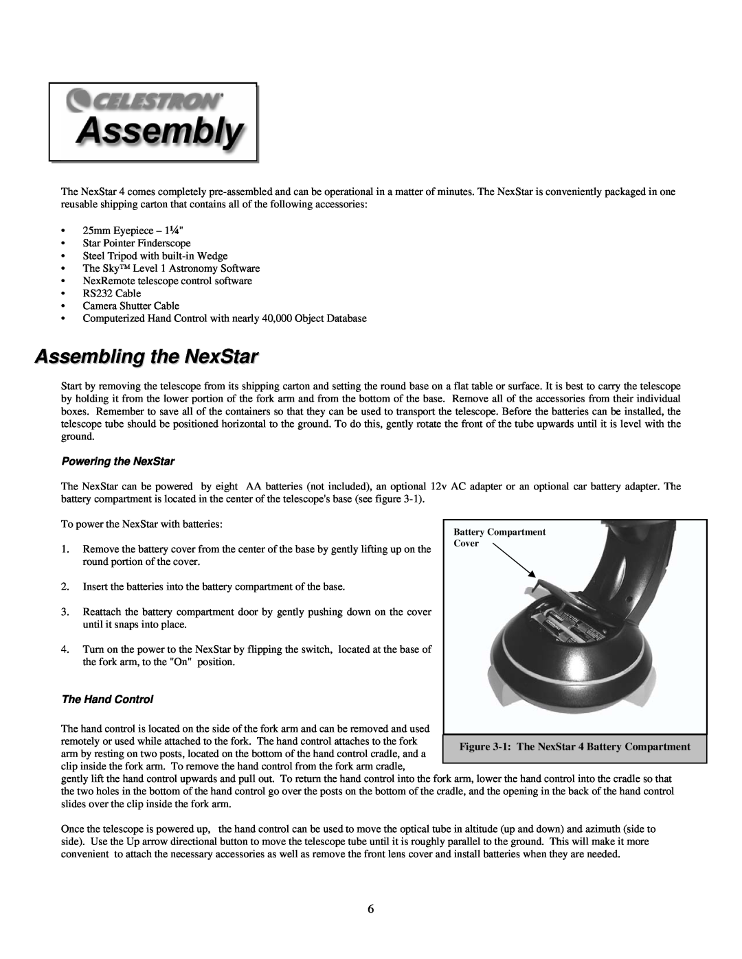 Celestron 4SE instruction manual Assembling the NexStar, Powering the NexStar, The Hand Control 