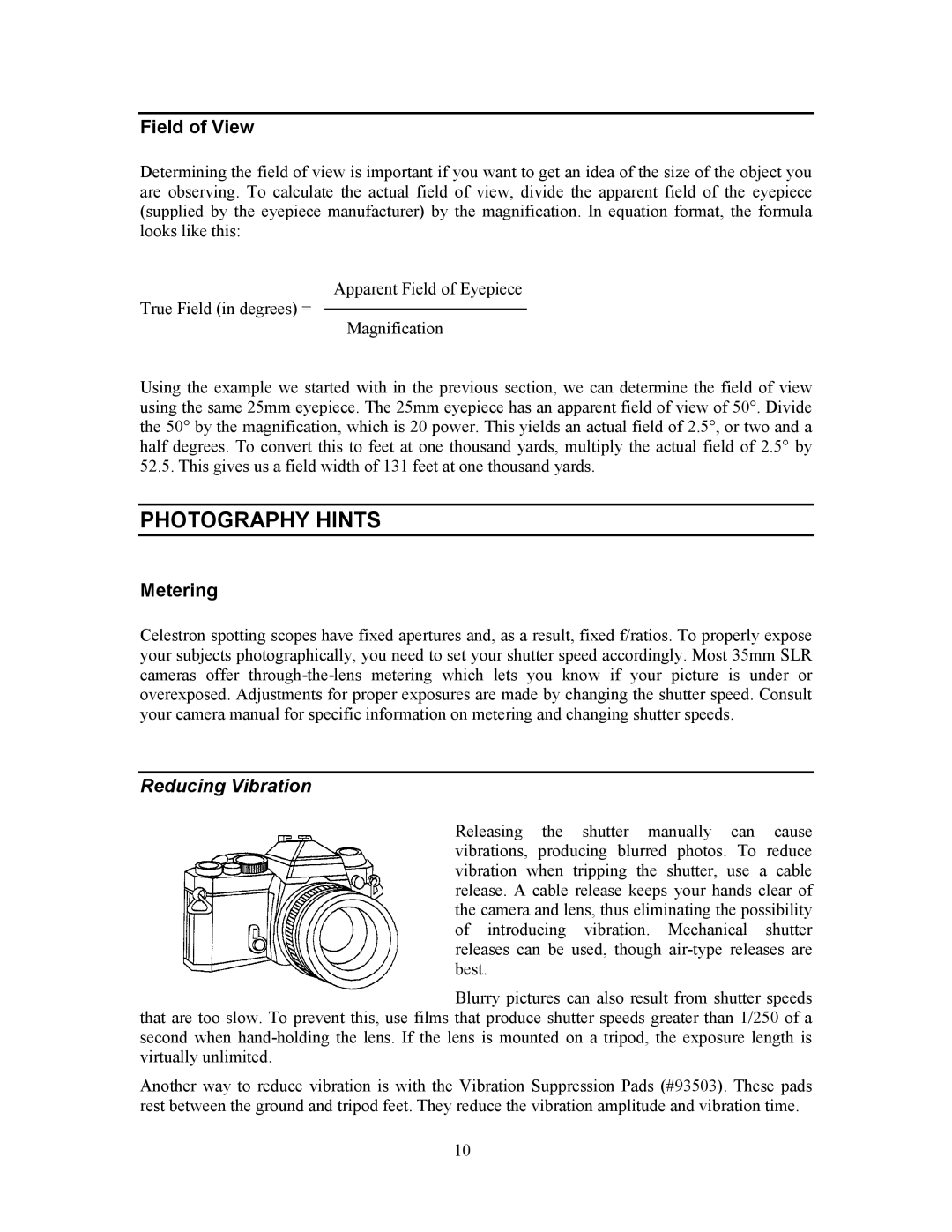 Celestron 52260, 52270 instruction manual Photography Hints, Field of View, Metering, Reducing Vibration 