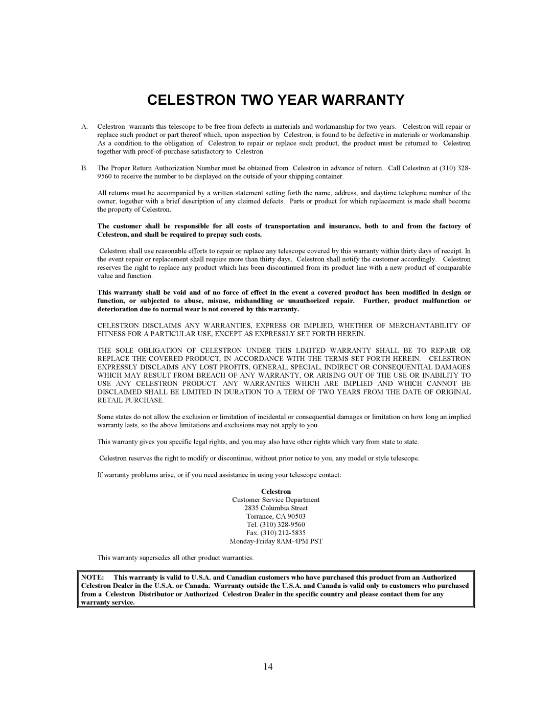 Celestron 52260, 52270 instruction manual Celestron TWO Year Warranty 