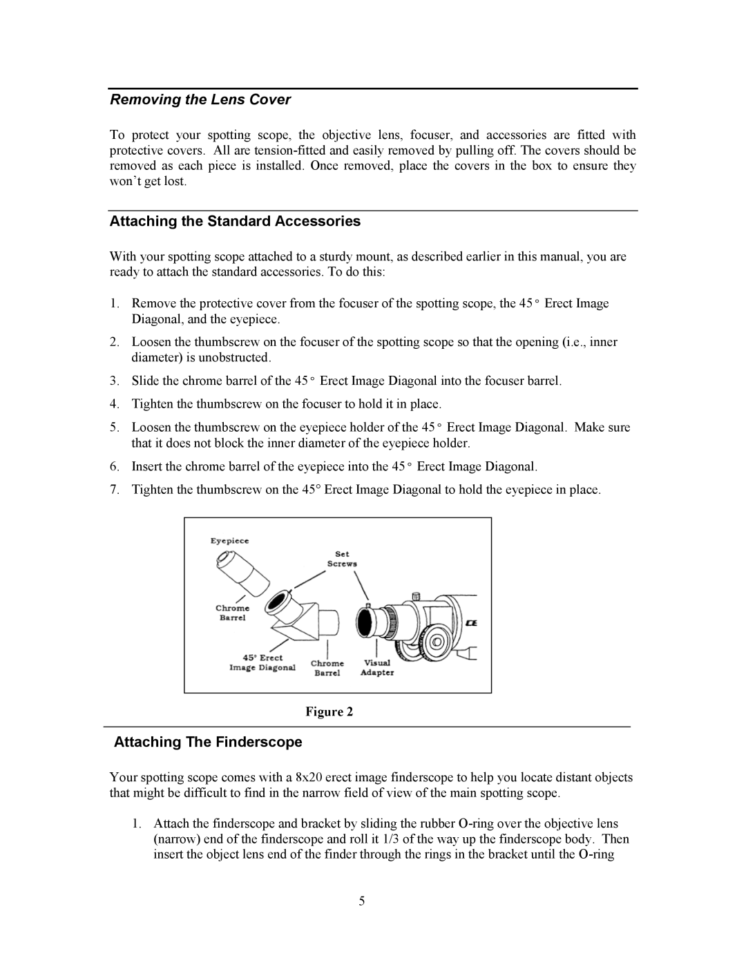 Celestron 52270, 52260 Removing the Lens Cover, Attaching the Standard Accessories, Attaching The Finderscope 