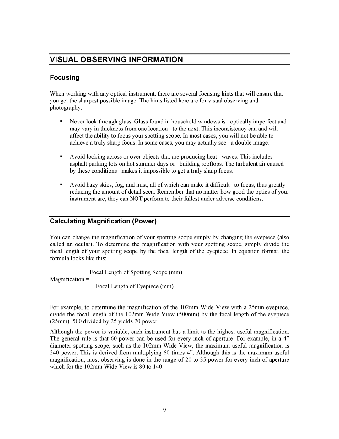 Celestron 52270, 52260 instruction manual Visual Observing Information, Focusing, Calculating Magnification Power 