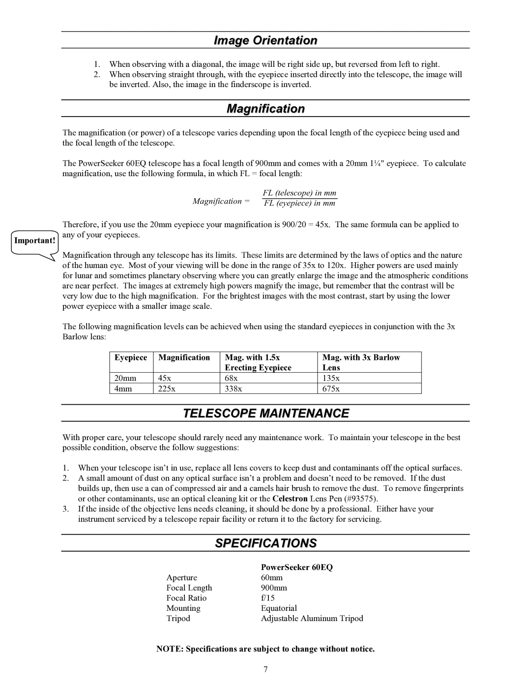 Celestron 60EQ manual Image Orientation, Magnification 