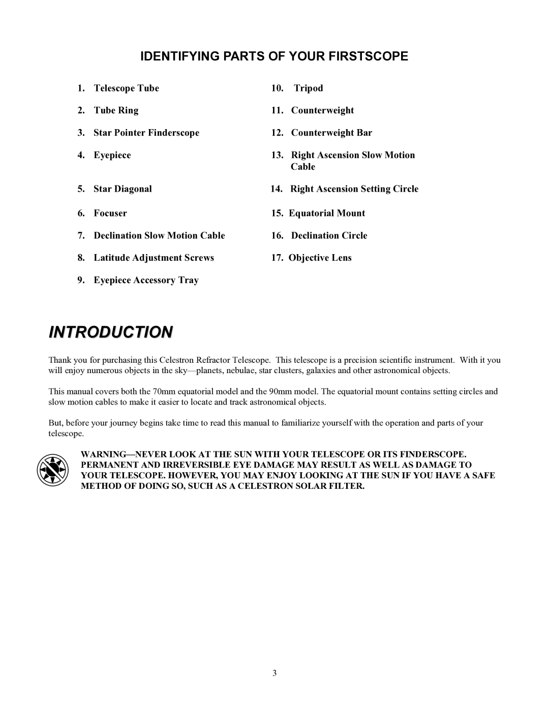 Celestron 70 manual Introduction, Identifying Parts of Your Firstscope 