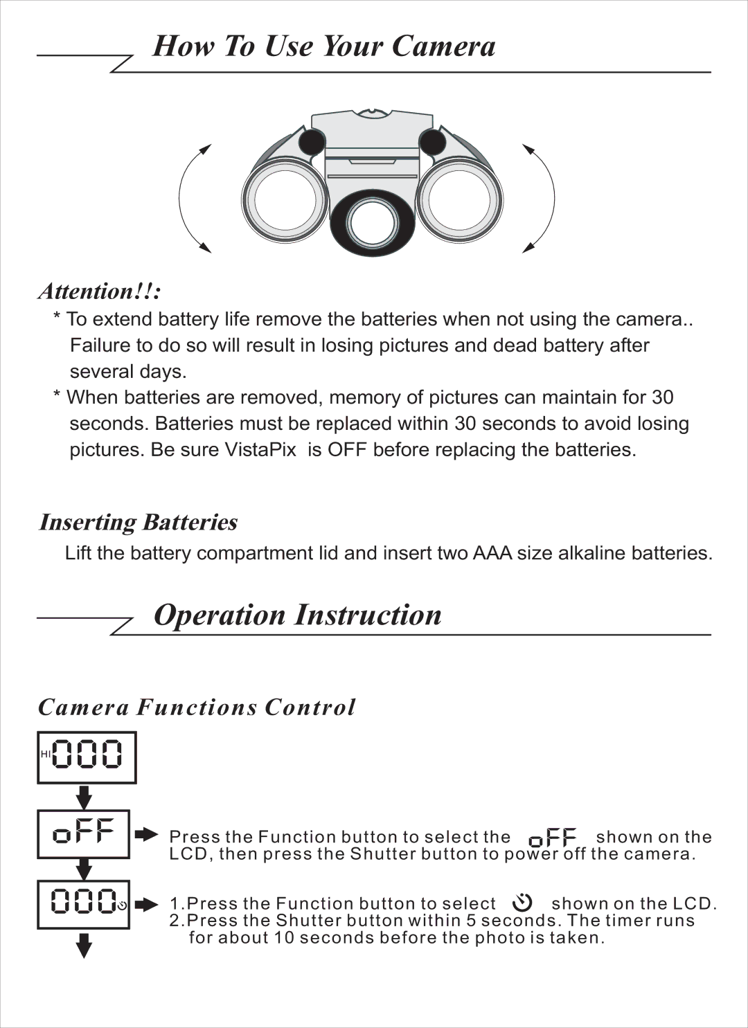 Celestron 72204 manual How To Use Your Camera, Operation Instruction, Inserting Batteries, Camera Functions Control 